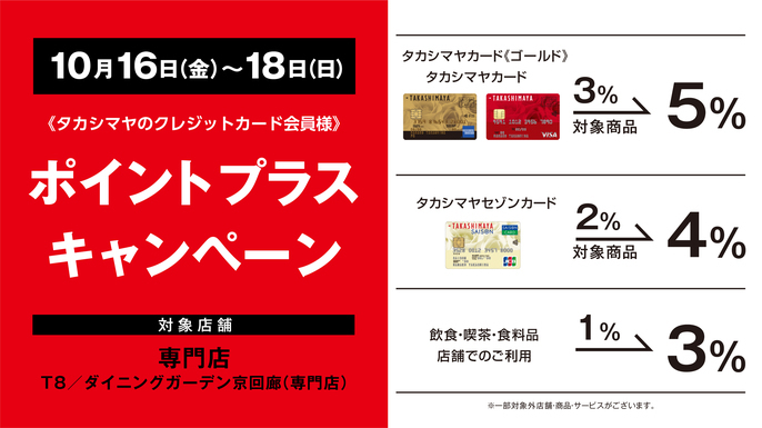 10月16日(金)から18日(日)までタカシマヤのクレジットカード会員様限定ポイントプラスキャンペーンを実施します。対象店舗は専門店T8、ダイニングガーデン京回廊。